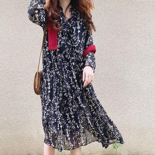 Long-sleeve Floral Long Dress Black - One Size