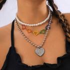 Set Of 3: Heart Pendant Alloy Necklace + Heart Necklace + Faux Pearl Choker Set Of 3 - Red & Yellow & Blue & Green & Silver - One Size