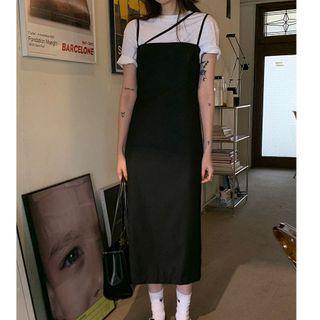 Short-sleeve T-shirt / Strappy Midi Pinafore Dress
