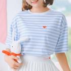 Elbow-sleeve Heart Embroidery Striped T-shirt