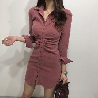 Long Sleeve Shirred Plain Shirtdress