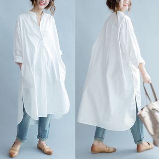 Plain Long-sleeve Midi Shirt Dress White - One Size