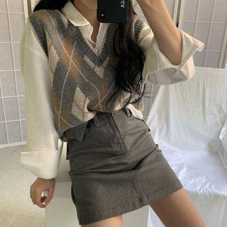 Long-sleeve Shirt / Argyle Sweater Vest / Mini A-line Skirt