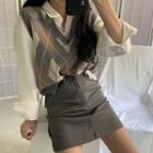 Long-sleeve Shirt / Argyle Sweater Vest / Mini A-line Skirt
