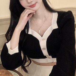 Contrast Trim Cropped Sweater Black - One Size