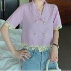Short-sleeve Lace Trim Top Purple - One Size