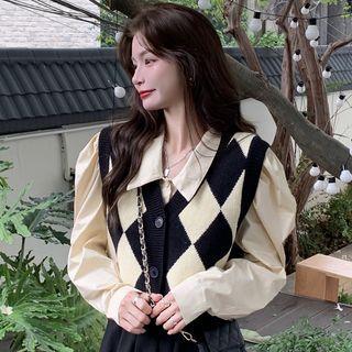 Argyle Button-up Knit Vest / Puff-sleeve Plain Shirt