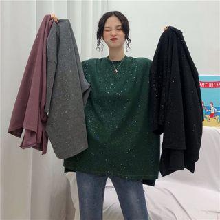 Long-sleeve Mock Neck Striped T-shirt / Elbow-sleeve Glitter T-shirt