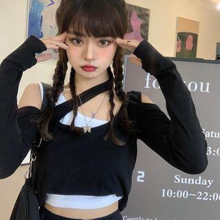 Long-sleeve Cutout Mock Two Piece Top As Shown In Figure - One Size