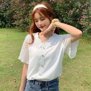 Short-sleeve Buttoned V-neck Lace Top