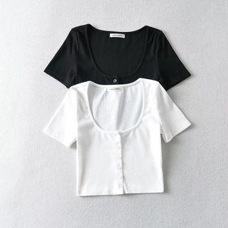 Short-sleeve Scoop-neck Button-up Crop Top