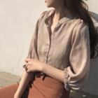 Stand-collar Striped 3/4-sleeve Blouse
