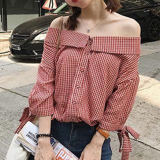 Gingham Off-shoulder 3/4-sleeve Shirt