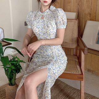 Puff-sleeve Floral Print Shirred Midi Bodycon Dress
