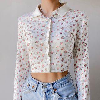 Long Sleeve Floral Print Ribbed Knit Crop Top