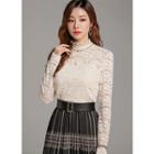 Mock-neck Frill-trim Lace Top Cream - One Size