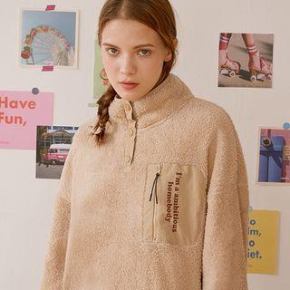 Snap-button Patched Fleece Anorak Pullover Beige - One Size