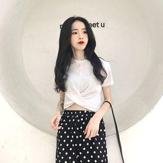 Set: Plain Short-sleeve Cropped T-shirt + Dot High-waist Wide-leg Pants