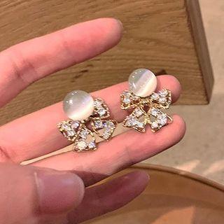 Cat Eye Stone Bow Rhinestone Dangle Earring 1 Pair - 925 Silver Needle - White Faux Pearl & Rhinestone - Silver & Gold - One Size