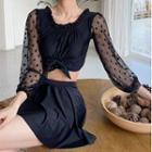 Set: Long-sleeve Dotted Lace Panel Swim Top + Skirt