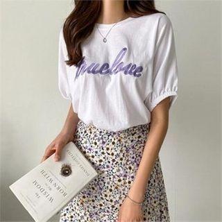Puff-sleeve Letter Embroidered T-shirt