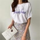 Puff-sleeve Letter Embroidered T-shirt