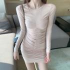 Long-sleeve Ruched Mini Bodycon Dress Almond - One Size
