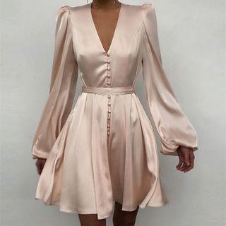 Long Sleeve Buttoned V-neck Stain Dress