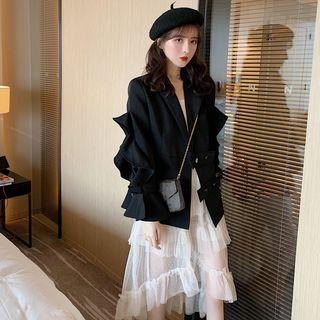 Ruffle-trim Double-breasted Jacket / Midi A-line Tiered Mesh Skirt