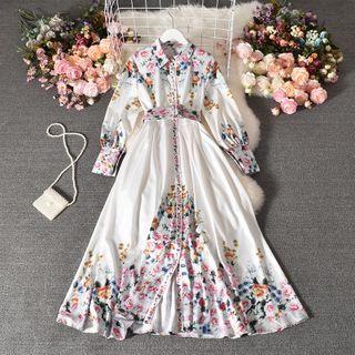 Long-sleeve Floral Print Midi A-line Shirtdress White - One Size