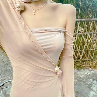 Long-sleeve Rosette Choker Midi Dress