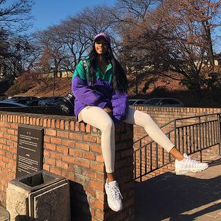 Color-block Padded Hooded Pullover Purple - One Size