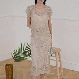 Set: Cap-sleeve Knit Top + Long Pencil Skirt Beige - One Size