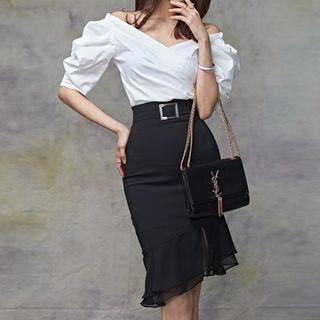 Set: Off-shoulder Top + Ruffle Trim Sheath Skirt