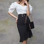 Set: Off-shoulder Top + Ruffle Trim Sheath Skirt