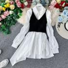 Set: Long-sleeve Asymmetric Mini Shirt Dress + Sleeveless Knit Top