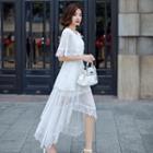 Lace Trim Cold Shoulder Asymmetric A-line Dress