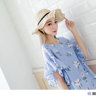 Ruffled Sleeve Striped Floral Print Blouse