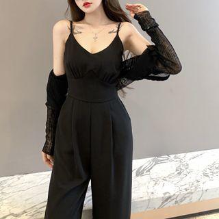 Spaghetti Strap Tie-waist Jumpsuit / Ribbed See-through Crop Cardigan