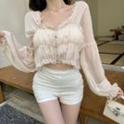 Long-sleeve Frill Trim Cropped Blouse / Fitted Shorts