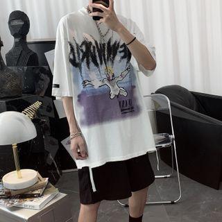 Printed Elbow-sleeve Distressed T-shirt