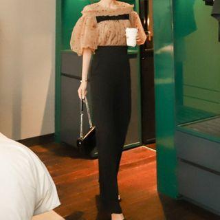 Set: Puff-sleeve Dotted Mesh Blouse + Tapered Pants