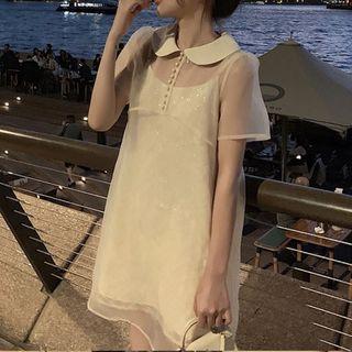 Short-sleeve Sheer Blouse + Sleeveless Pattern Top