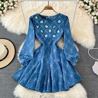 Round Neck Beaded Denim Dress