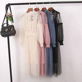 Set: Long-sleeve Midi Sheer Dress + Slipdress