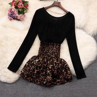 Set: Long-sleeve Top + Leopard Print High-waist Shorts Set Of 2 - Top - Black - One Size / Shorts - Leopard - Coffee - One Size