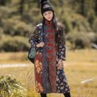 Floral Print Knot Button Padded Long Coat As Shown In Figure - One Size