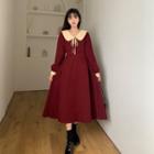 Long-sleeve Tie Neck Collared Loose Fit Corduroy Dress