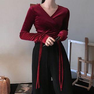 V-neck Long-sleeve Drawstring Velvet Top