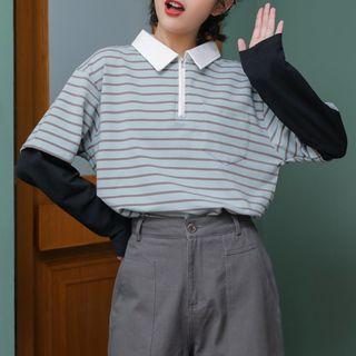 Mock Two-piece Striped Zip Polo Shirt
